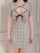 an/AOC-3715/ミニドレス/キャバドレス/フロントジップ/チェック/ツイード/カットアウト/袖あり/半袖