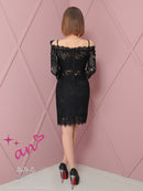 an/AOC-3721/セットアップ/キャバドレス/ミニドレス/総レース/袖あり/七分袖/リボン/タイト/オフショル