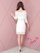 an/AOC-3721/セットアップ/キャバドレス/ミニドレス/総レース/袖あり/七分袖/リボン/タイト/オフショル