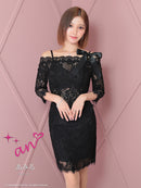 an/AOC-3721/セットアップ/キャバドレス/ミニドレス/総レース/袖あり/七分袖/リボン/タイト/オフショル