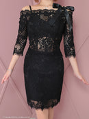 an/AOC-3721/セットアップ/キャバドレス/ミニドレス/総レース/袖あり/七分袖/リボン/タイト/オフショル