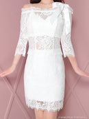 an/AOC-3721/セットアップ/キャバドレス/ミニドレス/総レース/袖あり/七分袖/リボン/タイト/オフショル