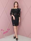 an/AOC-3721/セットアップ/キャバドレス/ミニドレス/総レース/袖あり/七分袖/リボン/タイト/オフショル