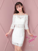 an/AOC-3721/セットアップ/キャバドレス/ミニドレス/総レース/袖あり/七分袖/リボン/タイト/オフショル