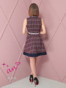 an/AOC-3725/ミニドレス/キャバドレス/ワンピース/ツイード/チェック/ベルト付き/襟付き/ノースリーブ/Aライン/フレアスカート/デザインポケット