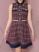 an/AOC-3725/ミニドレス/キャバドレス/ワンピース/ツイード/チェック/ベルト付き/襟付き/ノースリーブ/Aライン/フレアスカート/デザインポケット