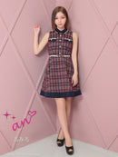 an/AOC-3725/ミニドレス/キャバドレス/ワンピース/ツイード/チェック/ベルト付き/襟付き/ノースリーブ/Aライン/フレアスカート/デザインポケット