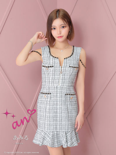 an/AOC-3732/ワンピース/ミニドレス/キャバドレス/ツイード/フロントジップ/チェーン/ノースリーブ/ポケットデザイン/マーメイド