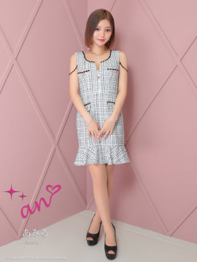 an/AOC-3732/ワンピース/ミニドレス/キャバドレス/ツイード/フロントジップ/チェーン/ノースリーブ/ポケットデザイン/マーメイド