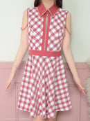 an/AOC-3735/ミニドレス/キャバドレス/ワンピース/チェック/ツイード/襟付き/フロントジップ/Aライン/フレアスカート/チェーン