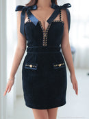 an/AOC-3744/ミニドレス/キャバドレス/ショルダーリボン/チェーン/フロントジップ/デザインポケット