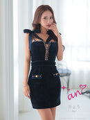 an/AOC-3744/ミニドレス/キャバドレス/ショルダーリボン/チェーン/フロントジップ/デザインポケット