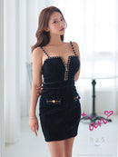 an/AOC-3744/ミニドレス/キャバドレス/ショルダーリボン/チェーン/フロントジップ/デザインポケット