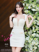 an/AOC-3744/ミニドレス/キャバドレス/ショルダーリボン/チェーン/フロントジップ/デザインポケット