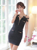 an/AOC-3745/ワンピース/キャバドレス/ミニドレス/リボン/ チェーン/ フロントジップ/ ストレッチ/ タイト