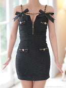 an/AOC-3745/ワンピース/キャバドレス/ミニドレス/リボン/ チェーン/ フロントジップ/ ストレッチ/ タイト