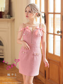 an/AOC-3745/ワンピース/キャバドレス/ミニドレス/リボン/ チェーン/ フロントジップ/ ストレッチ/ タイト