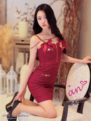 an/AOC-3745/ワンピース/キャバドレス/ミニドレス/リボン/ チェーン/ フロントジップ/ ストレッチ/ タイト