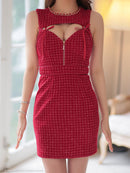 an/AOC-3746/ミニドレス/キャバドレス/リボン/カットアウト/フロントジッパー/ツイード/ タイトドレス