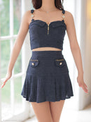 an/AOC-3753/セットアップ/キャバドレス/ミニドレス/ラメ/ツイード/ビジューバックル/ フロントジップ/バストジップ/デザインポケット/プリーツスカート/フレア/