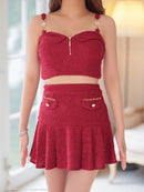 an/AOC-3753/セットアップ/キャバドレス/ミニドレス/ラメ/ツイード/ビジューバックル/ フロントジップ/バストジップ/デザインポケット/プリーツスカート/フレア/