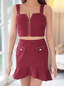 an/AOC-3754/ミニドレス/キャバドレス/セットアップ/ノースリーブ/ツイード/フロントジップ/フリルテール