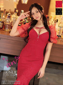 an/AOC-3755/ワンピース/ロングドレス/キャバドレス/シフォンパフスリーブ/リボン/バストジップ/裾フリル/テールカット/マーメイド