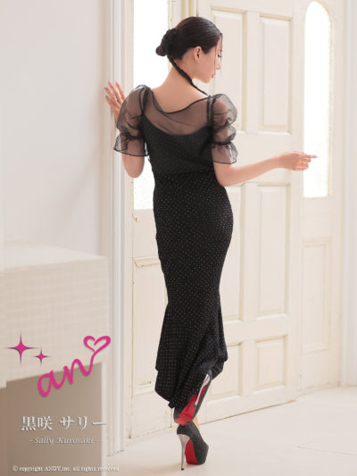 an/AOC-3755/ワンピース/ロングドレス/キャバドレス/シフォンパフスリーブ/リボン/バストジップ/裾フリル/テールカット/マーメイド