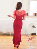 an/AOC-3755/ワンピース/ロングドレス/キャバドレス/シフォンパフスリーブ/リボン/バストジップ/裾フリル/テールカット/マーメイド