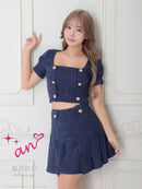 an/AOC-3757/ミニドレス/キャバドレス/セットアップ/プリーツ/ツイード/ダブルボタン/スクエアネック/袖あり