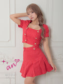 an/AOC-3757/ミニドレス/キャバドレス/セットアップ/プリーツ/ツイード/ダブルボタン/スクエアネック/袖あり