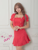 an/AOC-3757/ミニドレス/キャバドレス/セットアップ/プリーツ/ツイード/ダブルボタン/スクエアネック/袖あり