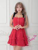 an/AOC-3758/ミニドレス/キャバドレス/リボン/フレア/ウエストリボン/フロントジップ/ショルダーリボン/フリル