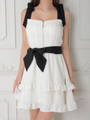 an/AOC-3758/ミニドレス/キャバドレス/リボン/フレア/ウエストリボン/フロントジップ/ショルダーリボン/フリル