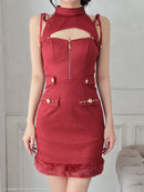 an/AOC-3760/ミニドレス/キャバドレス/ハイネック/カットアウト/ノースリーブ/フロントジップ/裾ファー/赤/白