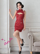 an/AOC-3760/ミニドレス/キャバドレス/ハイネック/カットアウト/ノースリーブ/フロントジップ/裾ファー/赤/白