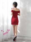 an/AOC-3763/ワンピース/キャバドレス/ミニドレス/オフショル/ショルダーリボン/ラメ生地/サイドジップ/ タイト