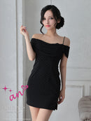 an/AOC-3763/ワンピース/キャバドレス/ミニドレス/オフショル/ショルダーリボン/ラメ生地/サイドジップ/ タイト