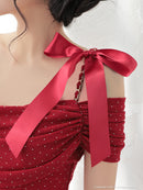 an/AOC-3763/ワンピース/キャバドレス/ミニドレス/オフショル/ショルダーリボン/ラメ生地/サイドジップ/ タイト