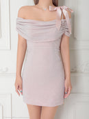 an/AOC-3763/ワンピース/キャバドレス/ミニドレス/オフショル/ショルダーリボン/ラメ生地/サイドジップ/ タイト