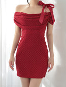 an/AOC-3763/ワンピース/キャバドレス/ミニドレス/オフショル/ショルダーリボン/ラメ生地/サイドジップ/ タイト