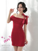 an/AOC-3763/ワンピース/キャバドレス/ミニドレス/オフショル/ショルダーリボン/ラメ生地/サイドジップ/ タイト