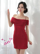 an/AOC-3763/ワンピース/キャバドレス/ミニドレス/オフショル/ショルダーリボン/ラメ生地/サイドジップ/ タイト