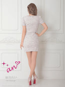 an/AOC-3764/ワンピース/キャバドレス/ミニドレス/ツイード/半袖/袖あり/リボン/チェーン/フロントジップ/タイト