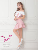 an/AOC-3765/ミニドレス/キャバドレス/セットアップ/プリーツスカート/オフショルダー/リボン/バイカラー/脚長/美脚/細見え