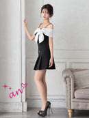 an/AOC-3765/ミニドレス/キャバドレス/セットアップ/プリーツスカート/オフショルダー/リボン/バイカラー/脚長/美脚/細見え