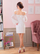 an/AOC-3770/ミニドレス/キャバドレス/袖あり/長袖/ ショルダーリボン/ ファー/フロントジッパー/ショルダーチェーン/タイトドレス