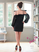 an/AOC-3770/ミニドレス/キャバドレス/袖あり/長袖/ ショルダーリボン/ ファー/フロントジッパー/ショルダーチェーン/タイトドレス