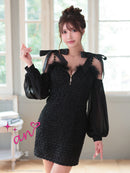 an/AOC-3770/ミニドレス/キャバドレス/袖あり/長袖/ ショルダーリボン/ ファー/フロントジッパー/ショルダーチェーン/タイトドレス