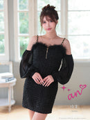 an/AOC-3770/ミニドレス/キャバドレス/袖あり/長袖/ ショルダーリボン/ ファー/フロントジッパー/ショルダーチェーン/タイトドレス